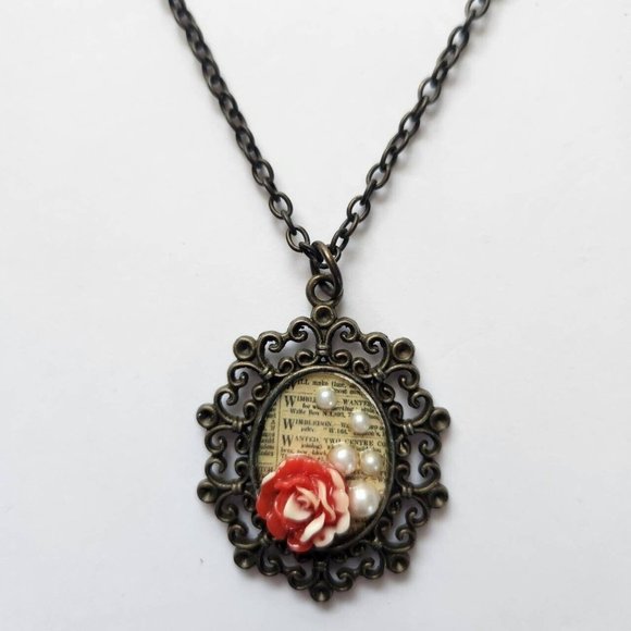 Vintage Brooch Pin Style Necklace Handmade with Text, Flower and Pearl Bookish - Picture 1 of 9